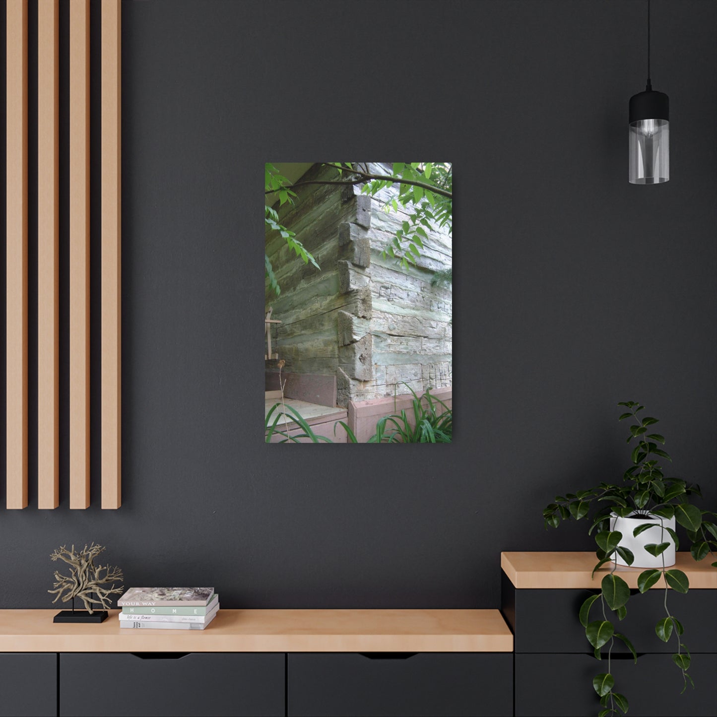 Metal Art Sign Showing Aged Log Home Walls