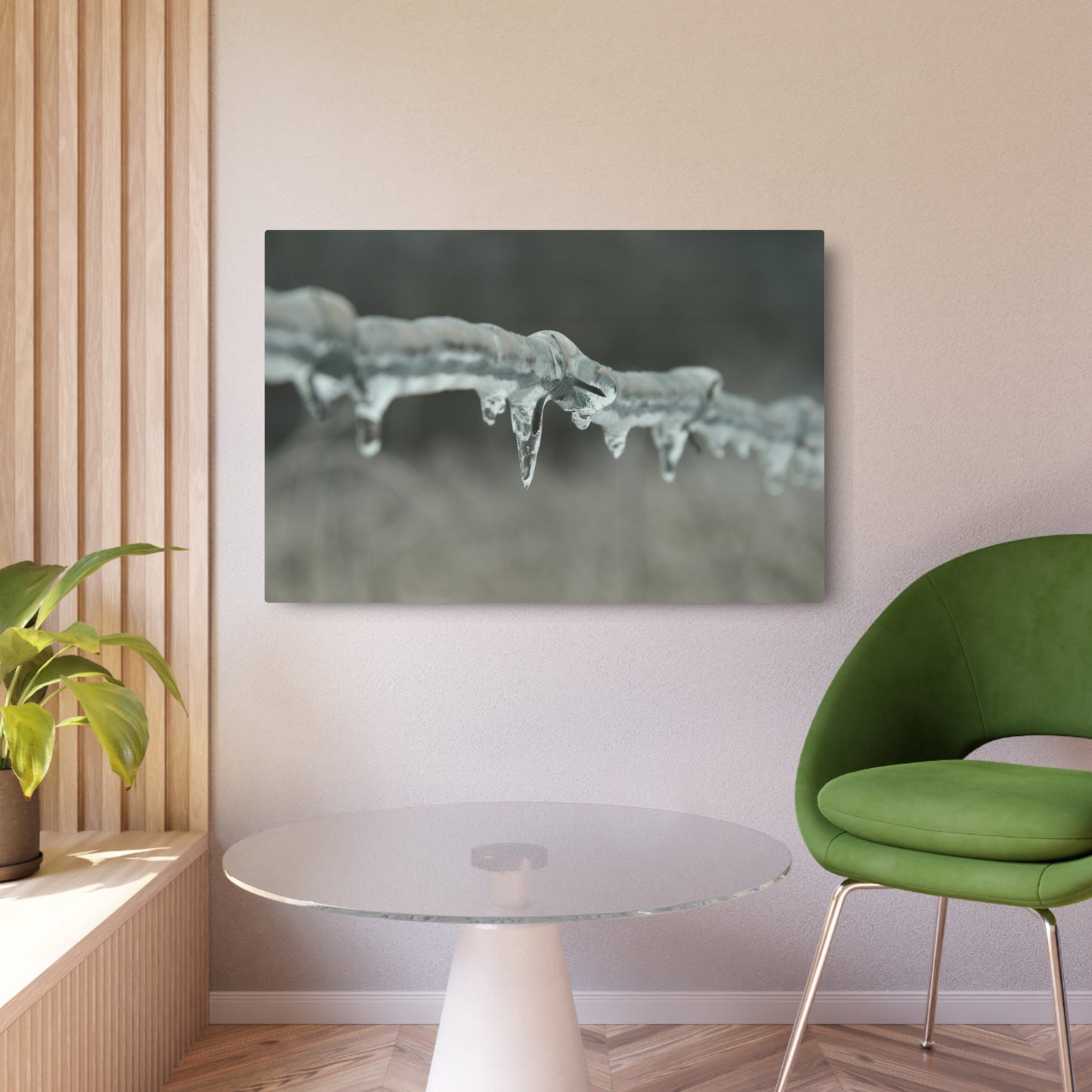 Metal Wall Art, Barbed Wire Fence Wrapped In Ice