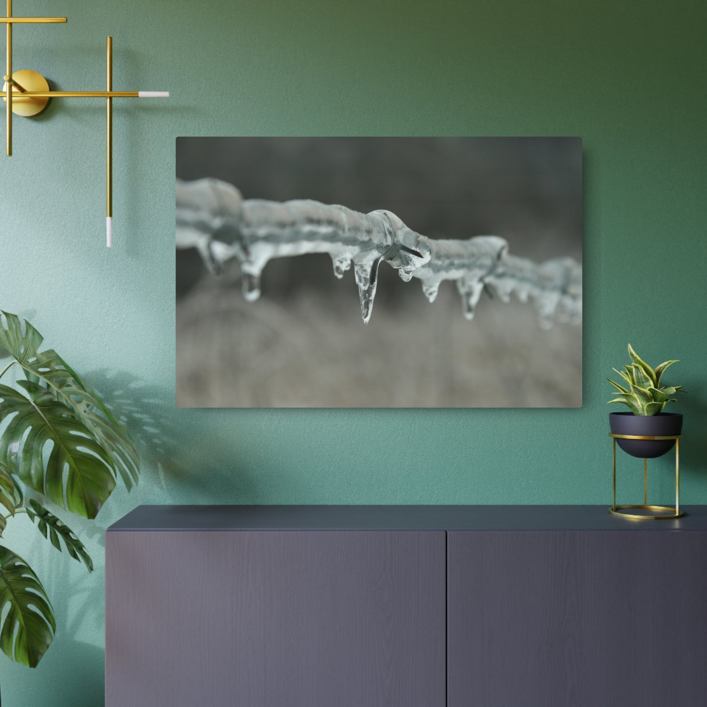 Metal Wall Art, Barbed Wire Fence Wrapped In Ice