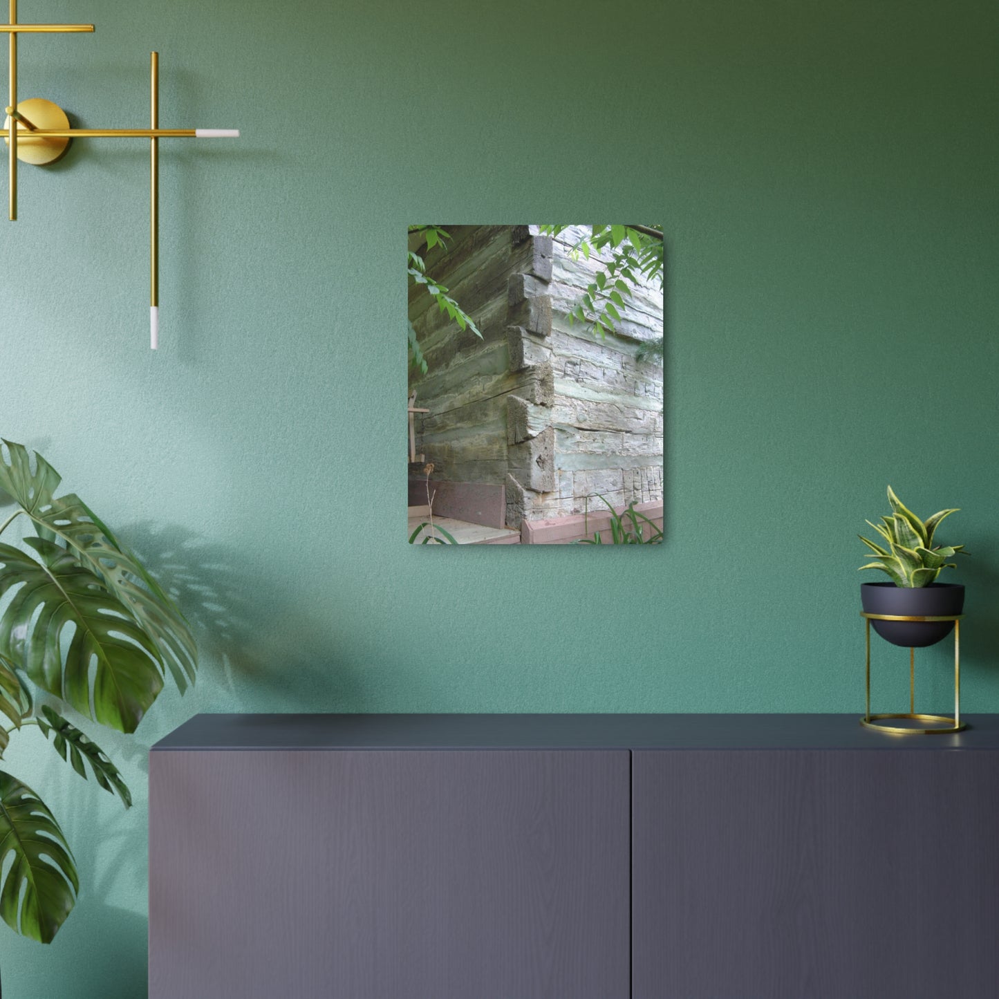 Metal Art Sign Showing Aged Log Home Walls