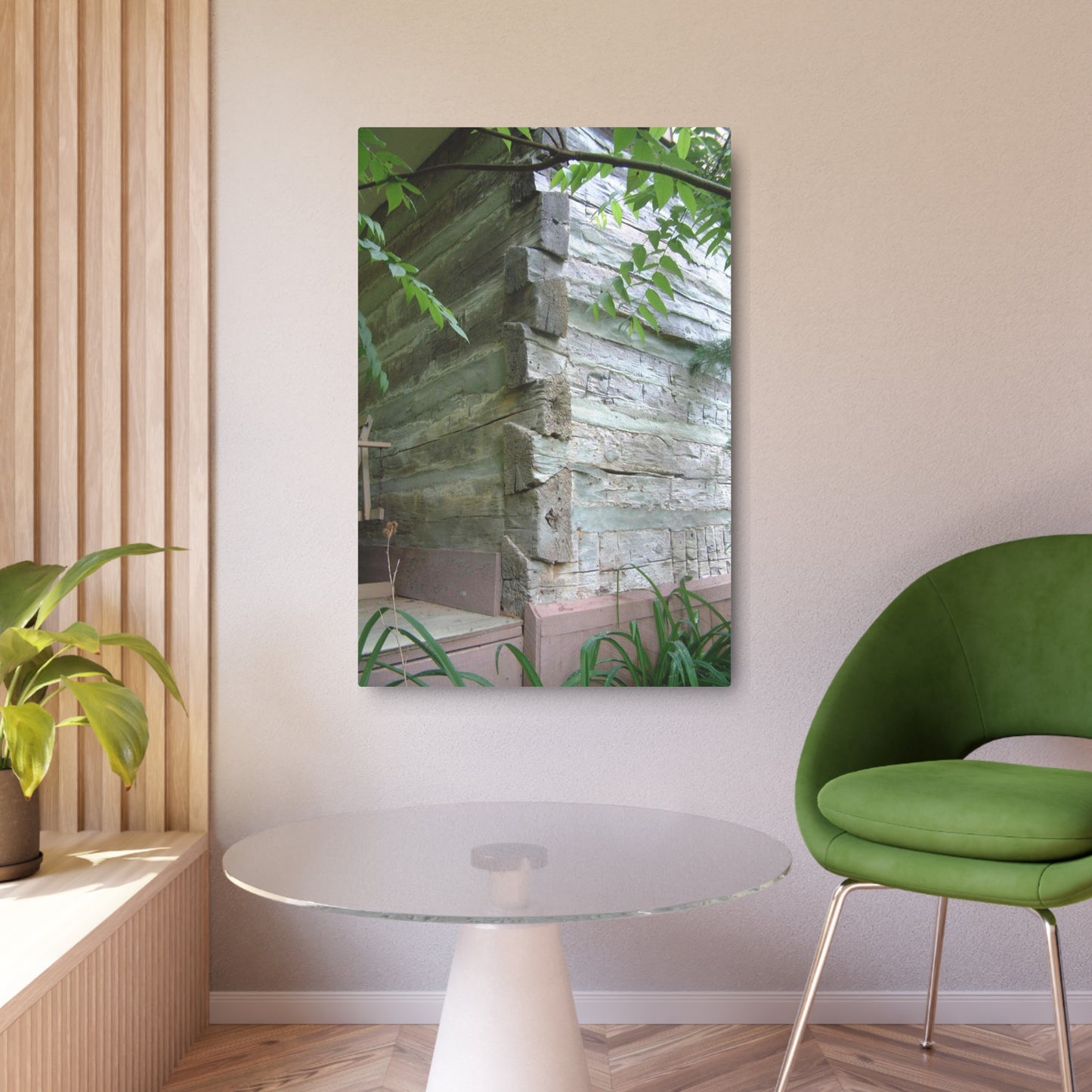 Metal Art Sign Showing Aged Log Home Walls